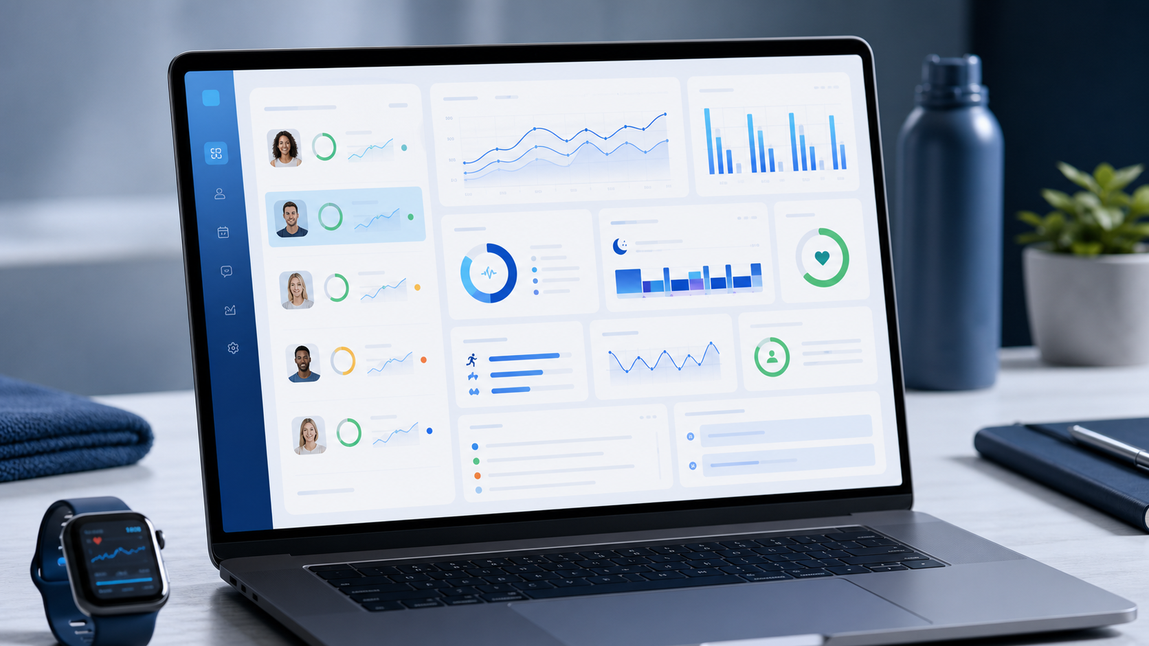 Fitness coaching dashboard with wearable data on a laptop